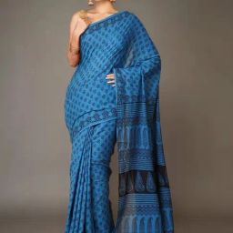 Unnati Silks Blue Cotton Printed Saree With Unstitched Blouse-image-0