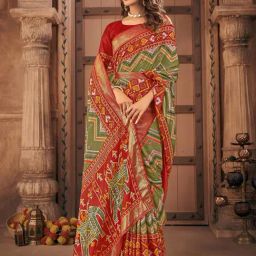 Satrani Green & Red Silk Printed Saree With Unstitched Blouse-image-44