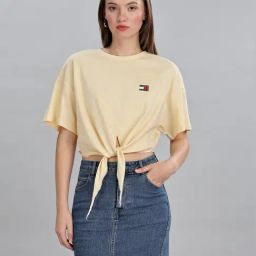 Tommy Hilfiger Yellow Cotton Solid T-Shirt-image-63