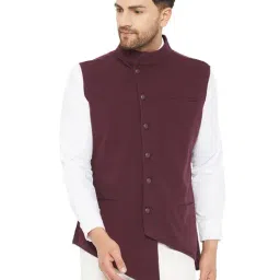 Hypernation Burgundy Sleeveless Mandarin Collar Waistcoat-image-43