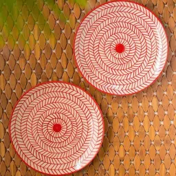ExclusiveLane Hand-painted Red & White Ceramic Dinner Plates - Set of 2 (Dia 25cm)-11