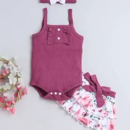 Bumzee Kids Mauve & White Cotton Regular Fit Bodysuit Set-image-19
