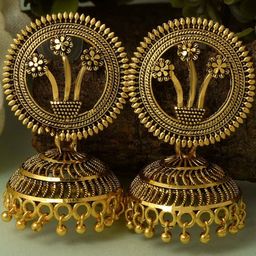 missmister Brass Antique Finish Goldplating Retro Fashion Jhumki Earrings Women-picture-4