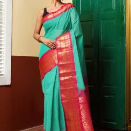 Unnati Silks Green & Pink Cotton Woven Saree With Unstitched Blouse-image-26