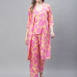 TAG 7 Pink & Beige Printed Top & Pant With Shrug Set-image-77