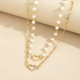 OOMPH Gold Tone Multi Layer Pearls Heart Fashion Necklace for Women-10