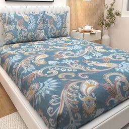 Athom Living Blue & Brown Printed Cotton 180 TC Double Queen Bedsheet Set-2.24 m x 2.44 m-image-83