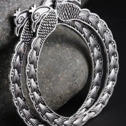 Panash Silver Toned Oxidized Peacock Shaped Bangles Set of 2-2