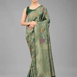 Silk Land Banarasi Silk Green Woven Saree With Unstitched Blouse-image-10