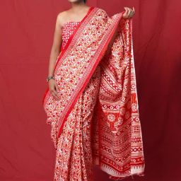 Unnati Silks Red Cotton Printed Saree With Unstitched Blouse-image-19
