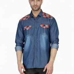 Kuons Avenue Blue Slim Fit Checks Denim Shirt-image-28