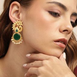 Anouk Gold Plated Artificial Stones Studded & Beaded Peacock Shaped Drop Earrings-14