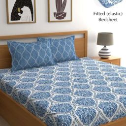 Home Esctasy 140TC 100% Cotton Ethnic Blue King Fitted Bedsheet with 2 Pillow Cover-image-36
