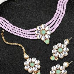Oomph Pink & Mint Green Necklace, Earring & MaangTikka Set-7