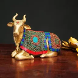 Ekaa Handicrafts Multicolour Brass Nandi Statue With Stonework-picture-46