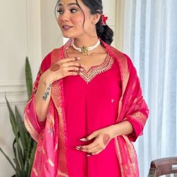 KALINI Women Embroidered Regular Thread Work Kurta with Trousers & With Dupatta image 2