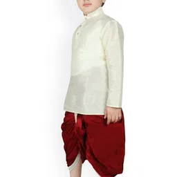 SG YUVRAJ Boys Cream-Coloured & Maroon Solid Kurta with Dhoti Pants image 3