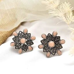 Teejh Ethnic Aashini Salmon Pink Stone Silver Oxidized Stud Earrings-22