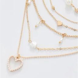OOMPH Delicate Gold Tone Pearls Heart Multi Layer Fashion Necklaces for Women - Set of 5-11