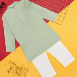 Indus Route by Pantaloons Kids Green & White Regular Fit Full Sleeves Kurta Set-image-8