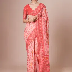 House of Pataudi Ikat Printed Saree With Blouse Piece-image-58