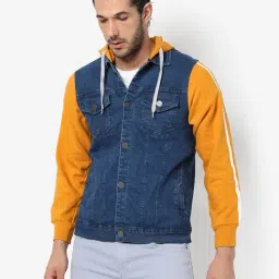 Campus Sutra Blue & Yellow Cotton Regular Fit Colour Block Hooded Jacket-picture-11
