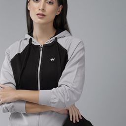Wildcraft Women Grey And Black Colourblocked Hooded Sweatshirt-image-64