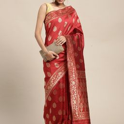 Leeza Store Red & Golden Ethnic Motifs Zari Silk Blend Banarasi Saree-image-79