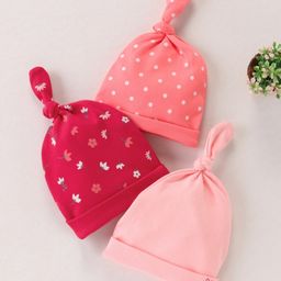 Babyhug 100% Cotton Caps Floral & Dot Print Pack Of 3 Pink - Diameter 11.5 cm-26
