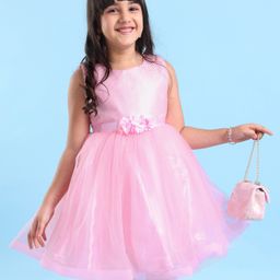 Babyhug Woven Sleeveless Sequinned Party Frock with Floral Corsage - Pink-picture-14