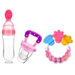 FANTASY INDIA Combo of Fruit And Food Nibbler Spoon Feeder and Rattle Teether- Pink-12