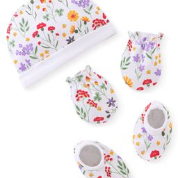 Babyhug 100% Cotton Knit Cap Mittens & Booties With Floral Print - White-picture-17