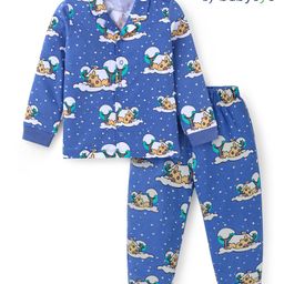Babyoye 100% Cotton Knit Full Sleeves Front Open Collared Night Suit Village Theme Print - Blue-image-21