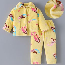Kookie Kids Full Sleeves Front Open Collared Winter Wear Night Suit With Mermaid Print- Yellow-image-56