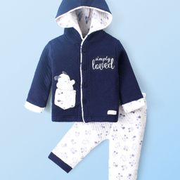 Little Darlings Full Sleeves Hooded Winter Wear Night Suit with Text & Teddy Bear Embroidery - Navy Blue-image-98