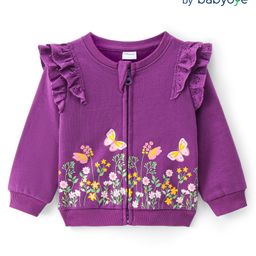Babyoye Cotton Knit full Sleeves Front Open Sweatshirt With Floral Print & Frill Detailing - Purple-image-129