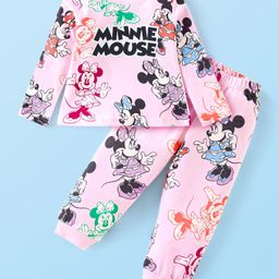 Babyhug Disney Cotton Knit Full Sleeves Night Suit with Minnie Mouse Print - Baby Pink-picture-36