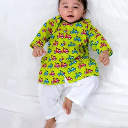BownBee Pure Cotton Full Sleeves Scooter Printed Kurta Pyjama Set - Green-picture-31