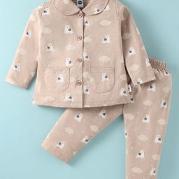 Teddy Sinker Knit Full Sleeves Night Suit With Animal Print - Tan-image-48
