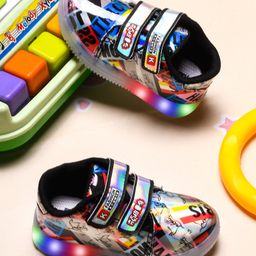 KATS Abstract Typography Designed LED Velcro Closure Sneakers - Black & Red-image-4