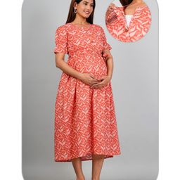 Kaheksa Cotton Half Peasant Sleeves Floral Printed Maternity Dress With Nursing Access - Pink-picture-16