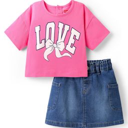 Babyhug Single Jersey Knit Half Sleeves Top & Denim Skirt Set With Love Print - Pink & Blue-image-62