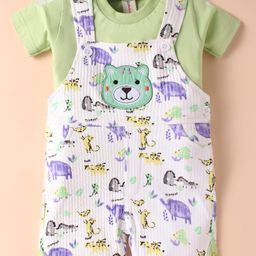 Dapper Dudes Animals Printed Dungaree With Half Sleeves Typography Printed Tee - Green-picture-34