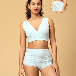 The Mom Store Cotton Sleeveless Solid Nursing Sleeping Maternity Bra & Overbelly Support Panties - Blue-image-38