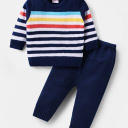 Babyhug Knitted Full Sleeves Sweater Set with Stripes - Navy Blue & White-image-67