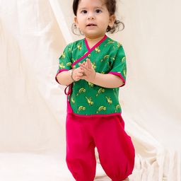 BownBee Cotton Half Sleeves Parrots Printed Jhabla & Harem Pants Set - Green-image-23