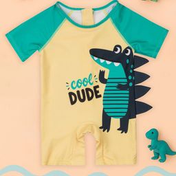 Yellow Bee Half Raglan Sleeves Dinosaur Printed & 3D Applique Detailed Suimsuit - Beige & Green-image-24