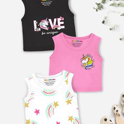 Trampoline Cotton Blend Pack Of 3 Sleeveless Unicorn & Rainbow Printed Crop Tops - Multi Colour-picture-33