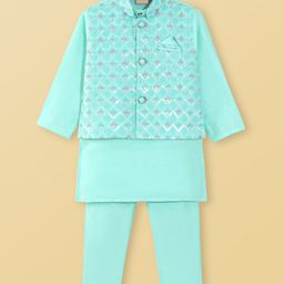Ridokidz Full Sleeves Solid Kurta & Pyjama With Floral Embroidered & Sequins Embellished Jacket Set - Sea Green-image-1
