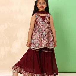 Titrit Brocade Woven Sleeveless Ethnic Foil Printed & Gota Lace Embellished Kurta & Coordinating Sharara With Dupatta Set - Maroon-picture-30